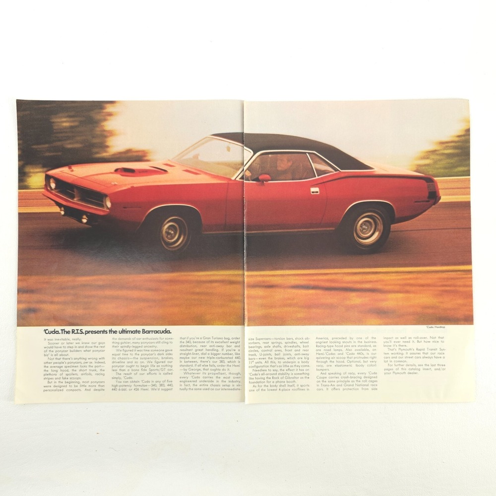 VTG Plymouth Cuda Advertising Print Ad 2-Page Promo Art Barracuda RTS Muscle Car